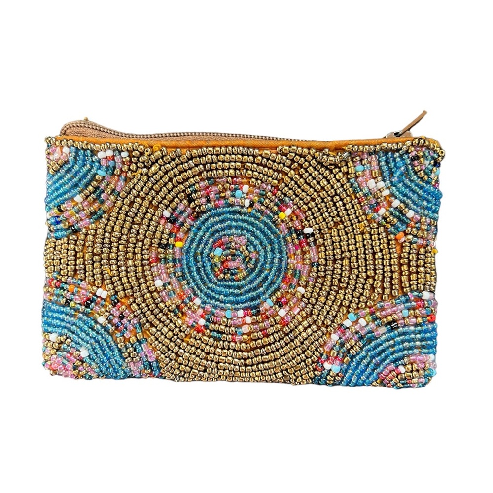 Hand Made Beaded Textured Colorful Shiny Full Zip Beautiful Golden Coin Purse